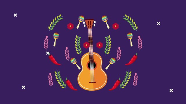 Mexican fiesta motion background with guitar and maracas animation for viva mexico celebration.