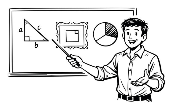 Teacher pointing to geometric shapes, math equations, and a pie chart on a blackboard, explaining concepts