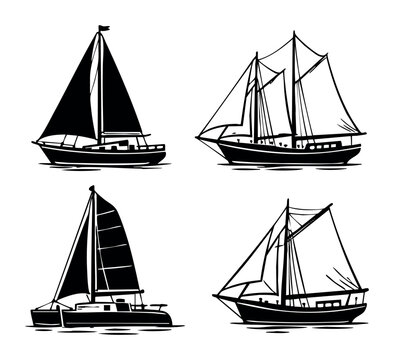 Collection of stylized sailboat and schooner silhouettes, representing water transport, maritime history, and ocean cruising