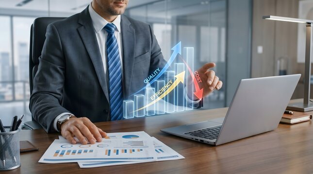 Executive analyzing financial data and business strategy with virtual graph of quality efficiency and cost