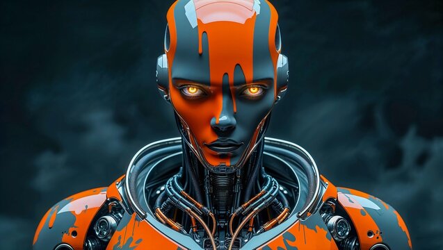 Futuristic Robot AI Background, Cyberpunk Android Face Digital Wallpaper, Orange Teal Sci Fi Technology Art