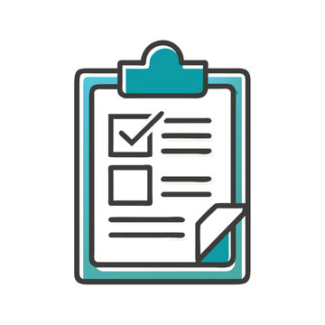 Teal and grey clipboard icon with folded corner and checkbox.