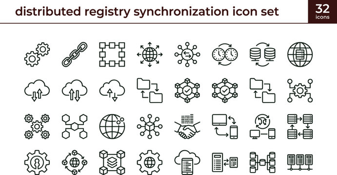 Distributed registry synchronization icon set for cloud infrastructure and network coordination systems