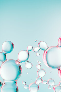 Abstract cosmetic molecule structure with transparent gel bubbles. Colorful skincare serum, collagen and peptide concept, clean beauty science background with glossy liquid texture.