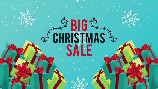 Christmas big sale animation with piles of colorful gift boxes and falling snowflakes on blue background.