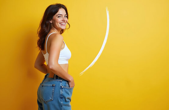 Woman smiles, wears loose jeans on yellow backdrop. Represents weight loss journey achievement and healthy body transformation success. Offers copy space for text.