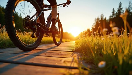 Fototapeta premium Person rides bicycle on wooden path during golden hour sunset. Tall green grass and trees surround path. Warm light creates long shadows. Peaceful nature scene.
