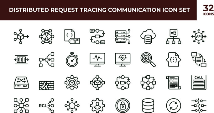 Distributed request tracing communication icon set for cloud observability and infrastructure monitoring systems