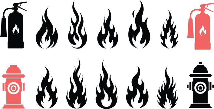 Flame Vector Design, concept flame, fire icon set, stylefire extinguisher, fire hydrant wrench vector illustration in flat