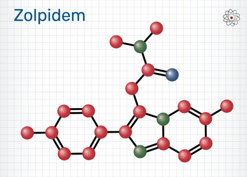 Zolpidem molecule chemical structure, sedative and hypnotic medication for insomnia treatment. Sheet of paper in a cage. Molecular model