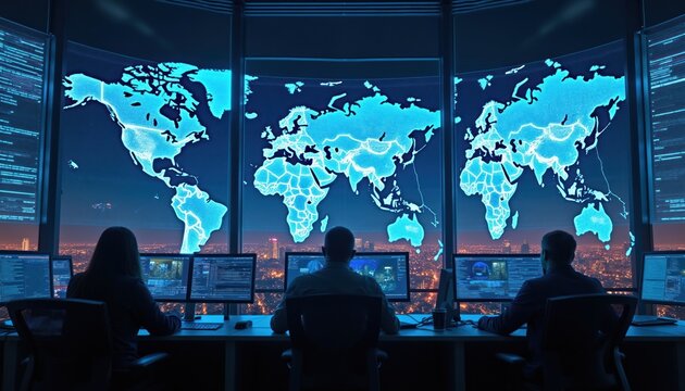 People watch global network data on big screen and computers in dark control room. Analysts monitor cyber security threats in modern operations center analyzing digital information flows.