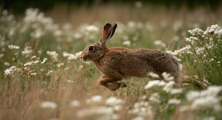 Obraz premium Brown rabbit with long ears running swiftly through a lush field of tall grass and wildflowers in a natural setting