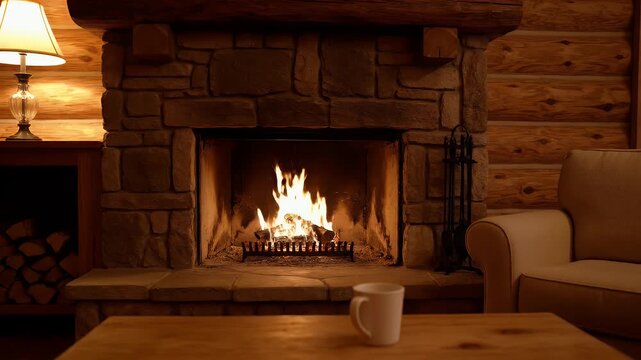 cozy stone fireplace in a rustic log cabin living room with a warm fire and white cup