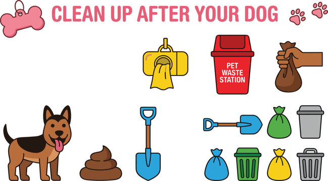 Pet Waste Cleanup and Responsible Dog Ownership Illustration Set Featuring Poop Bags Trash Bins Shovels and Hygiene Symbols