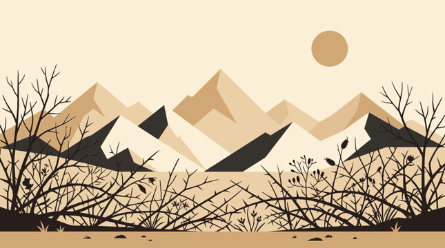 Weathered Minimalist Landscape with Barren Mountains and Stark Thorny Bushes Under a Muted Sun