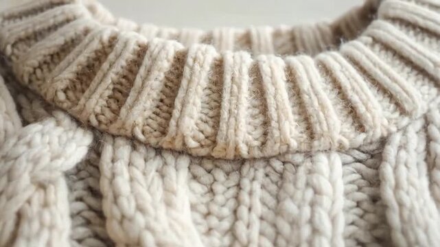 A close-up view of a warm, knitted, cream-colored winter sweater