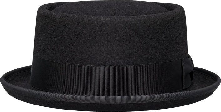 Classic black felt pork pie hat isolated on transparent background