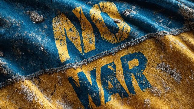 Ukrainian national flag with a no war message waving, symbolizing the call for peace