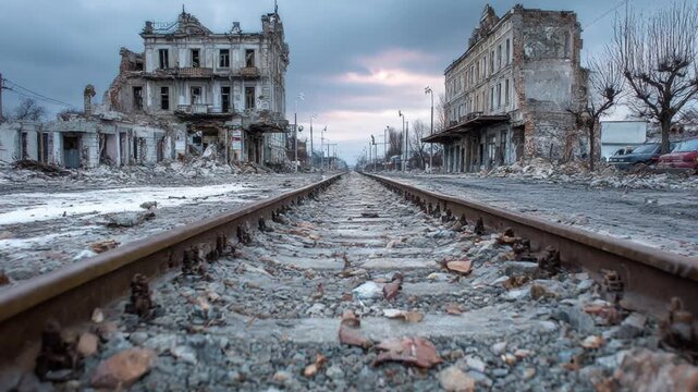 Devastating ruins of a city with bombed buildings and a damaged railway after a military conflict