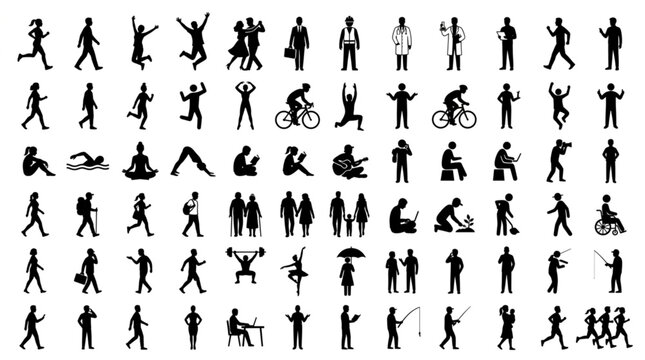 Collection of Diverse Human Silhouettes in Various Poses and Activities.