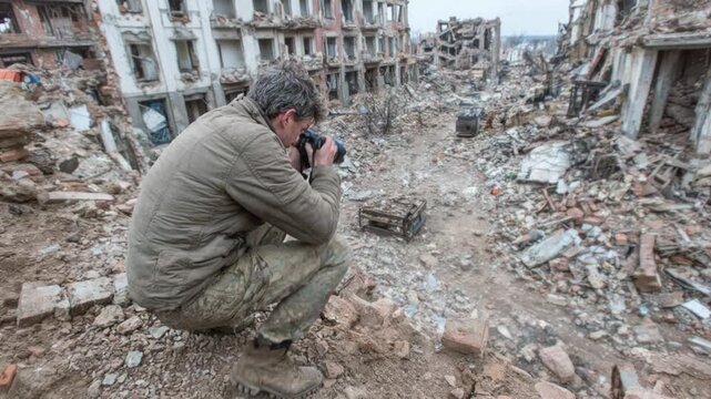 War correspondent photographing the aftermath of a bombing in a destroyed city