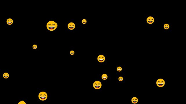 Floating laughing smiley emoji animation with alpha channel, cheerful social reaction icons on transparent background, fun motion graphic overlay for live stream, chat, video, and streaming content