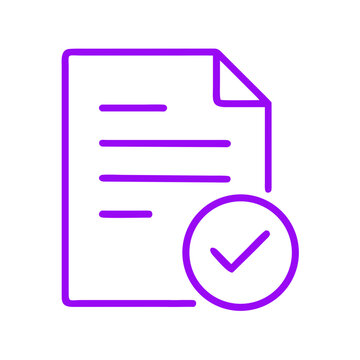 Purple outline document icon with verification check symbol.