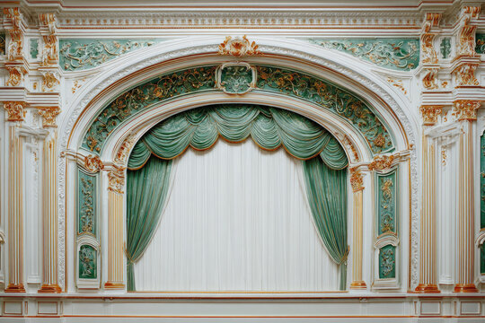 Ornate proscenium arch with lush green drapes and golden trim details