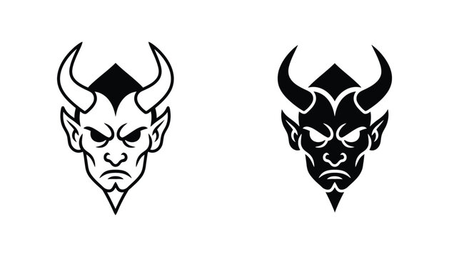 Angry devil face with horns vector icons set in outline and solid black silhouette styles for mascot design