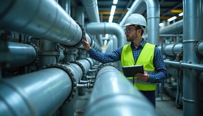 Fototapeta na wymiar Engineer with tablet checks pipes in industrial facility. Man in hard hat and vest inspects complex piping system. Professional works on heavy machinery controls.