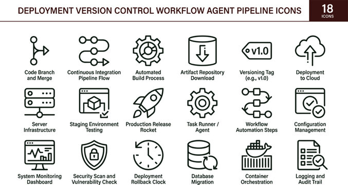 Deployment version control workflow agent pipeline icons for software automation and continuous integration management systems