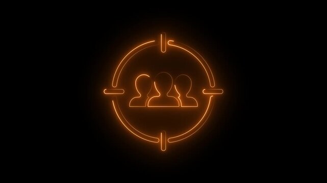 Golden neon target icon with people symbol on dark background.