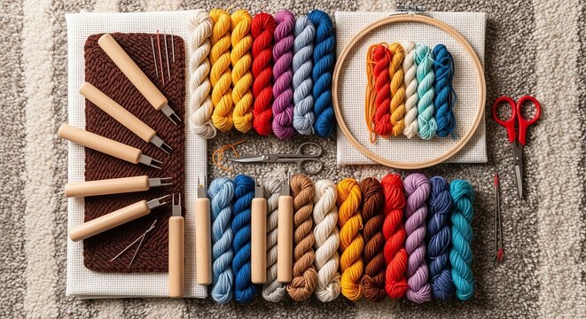 Crafting supplies for needle punch art, including wooden tools, thread spools, and embroidery hoop on a textured background, showcasing a variety of vibrant colors for creative projects