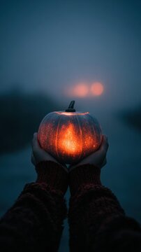 H&auml;nde halten leuchtende K&uuml;rbislaterne im nebligen Herbstabend