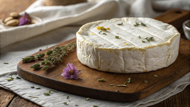 Close-up Camembert wheel with bloomed rind, creamy center, thyme, olive oil droplets and edible flower petals in warm light