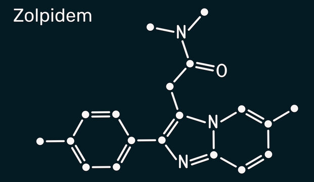 Zolpidem molecule chemical structure, sedative and hypnotic medication for insomnia treatment. Dark blue background