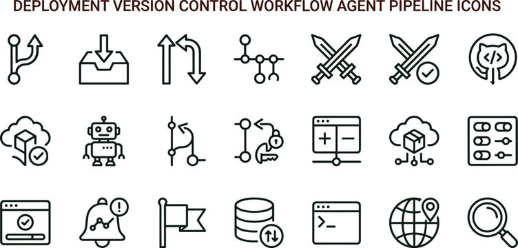 Deployment version control workflow agent pipeline icons for software automation and infrastructure management systems