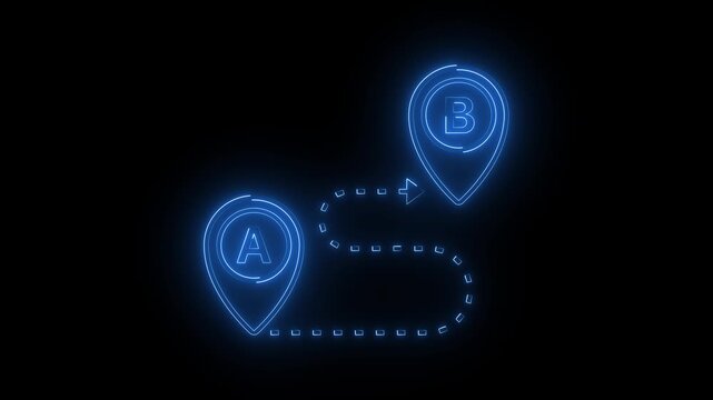 Blue neon route navigation icon with location pins and path on dark futuristic background.