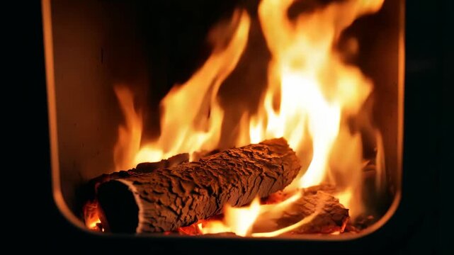 Flames dance around a burning log inside a fireplace, showcasing the vibrant glow and flickering light against the dark background of the firebox