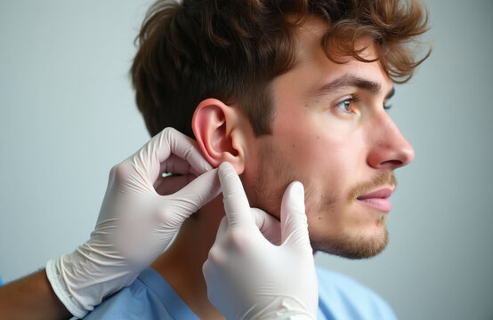 Doctor in gloves examines man ear. Medical pro checks patient ear shape before cosmetic otoplasty surgery. Face correction consult in clinic.
