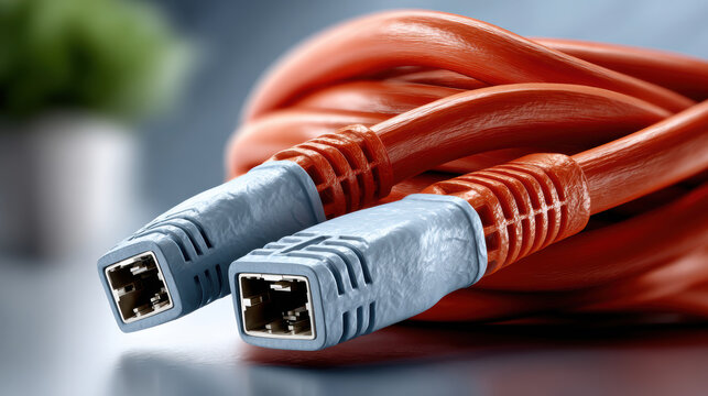 Twisted pair red network cables with rectangular connectors coiled for technology background and network setup design