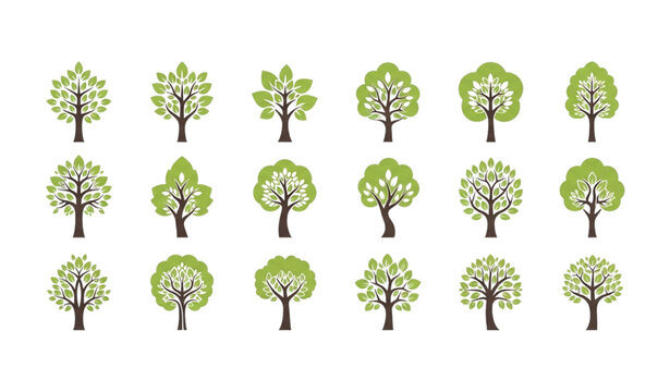 Leafy tree logo icon set with eco botanical symbols in clean vector illustration style