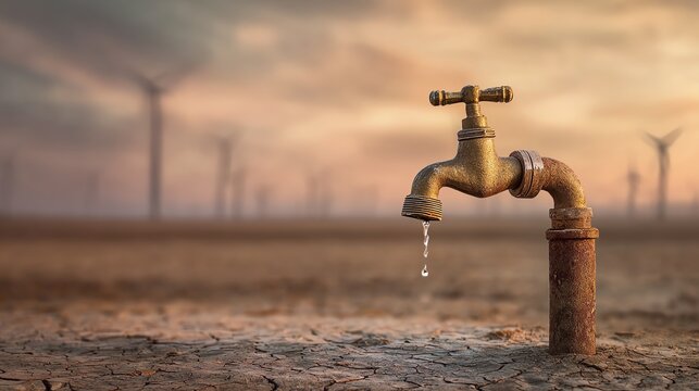 A faucet dripping water in a dried landscape.