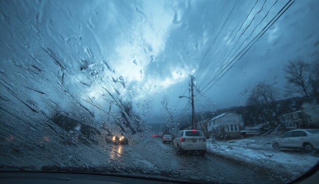 Car windshield covered in ice and snow during winter storm, visibility reduced, with snow-laden trees and vehicles on the road
