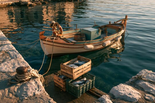 Fishing boat in mediterranean harbor with fresh fish crates