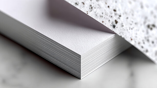 Close up textured white paper sheet stack with corner frame and cutout for stationery background and print layout mockup