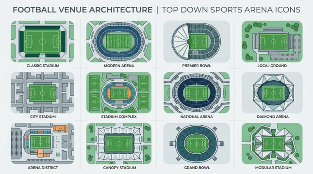 Collection of Football Stadium Architecture Icons Top Down View.