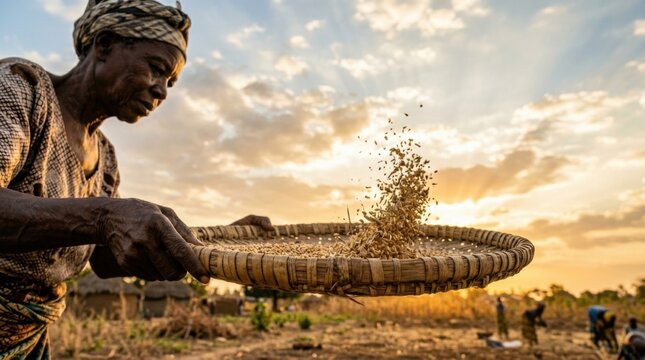 African Woman Sifting Grain in a Traditional Basket Under a Sunset Sky.