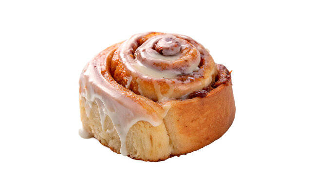 Freshly baked cinnamon roll or sweet bun with swirl pattern and golden crust for bakery breakfast on transparent background