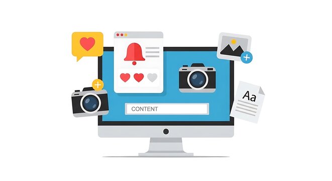 A computer monitor displays social media content with a camera and photography elements on a desktop with various icons and symbols surrounding it.